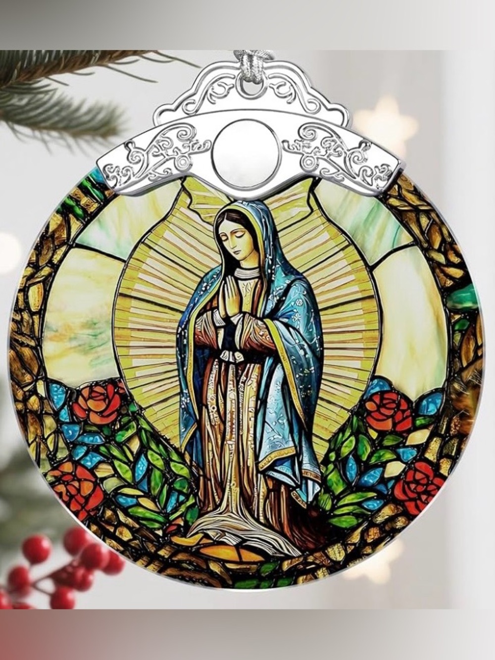 3/$18.00 Stained Glass Our Lady of Guadalupe Suncatcher - Blue & Gold